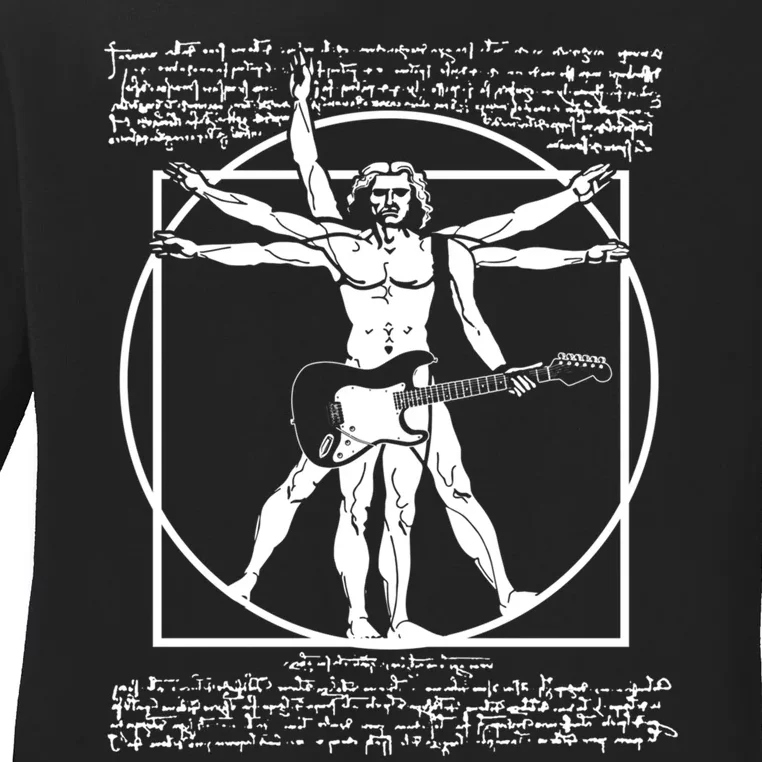 Vitruvian Man Playing The Guitar Da Vinci Guitarist Leonardo Da Vinci Parody Ladies Long Sleeve Shirt