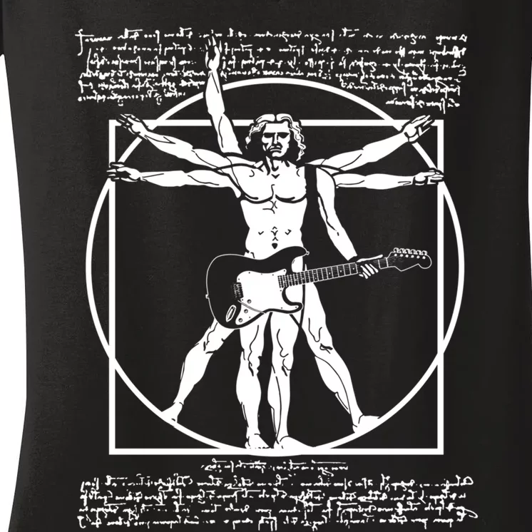 Vitruvian Man Playing The Guitar Da Vinci Guitarist Leonardo Da Vinci Parody Women's V-Neck T-Shirt