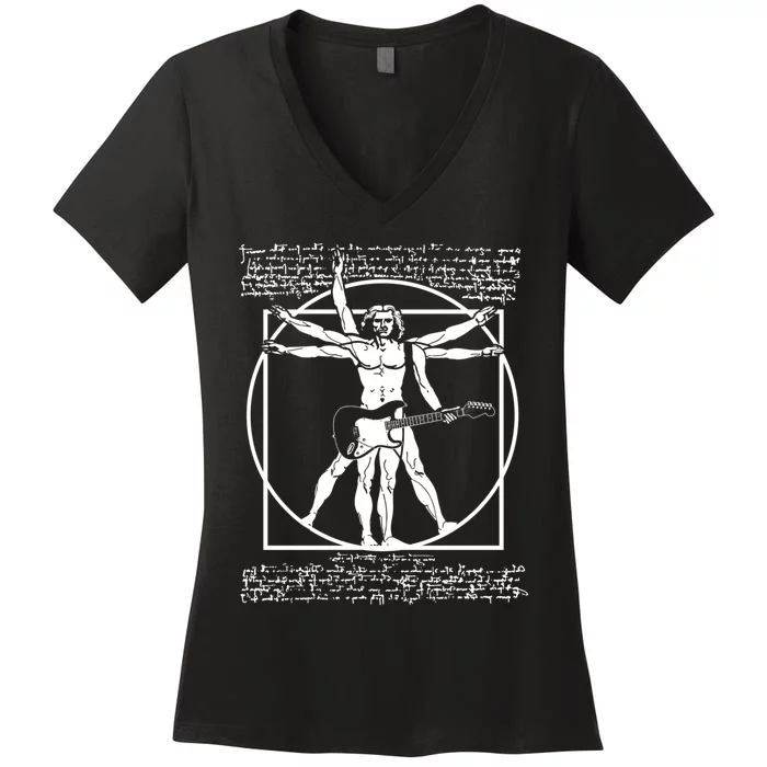 Vitruvian Man Playing The Guitar Da Vinci Guitarist Leonardo Da Vinci Parody Women's V-Neck T-Shirt