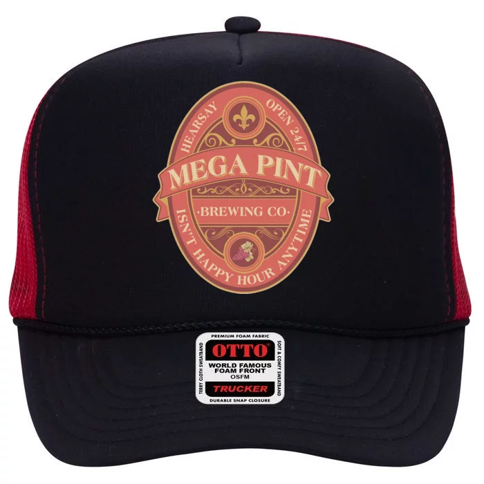 Vintage Mega Pint Hearsay Open 24 7 Brewing Co Alcohol Label High Crown Mesh Trucker Hat