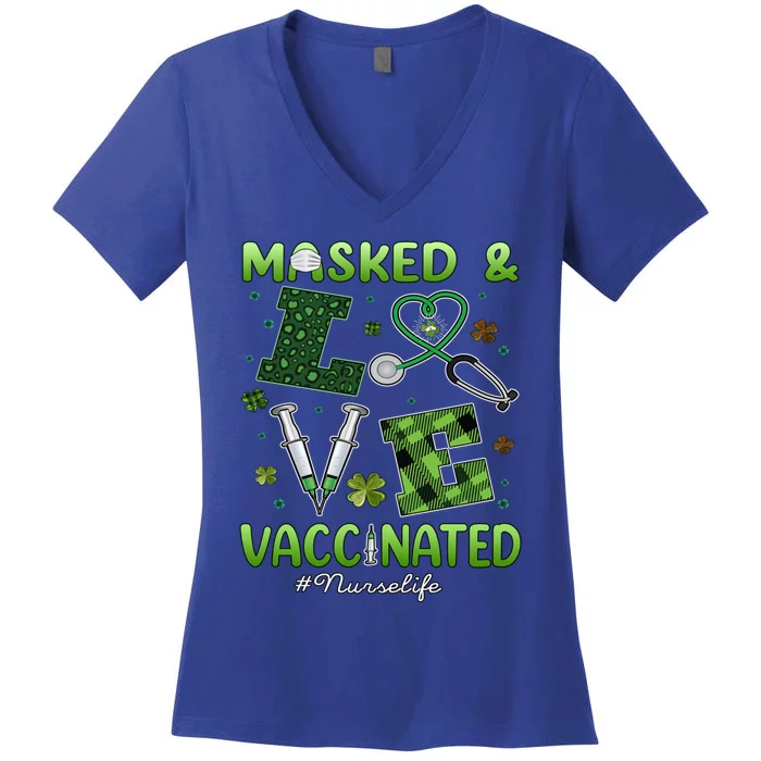 Vaccinated Masked St Patrick's Day Nurse Life Healthcare Gift Women's V-Neck T-Shirt