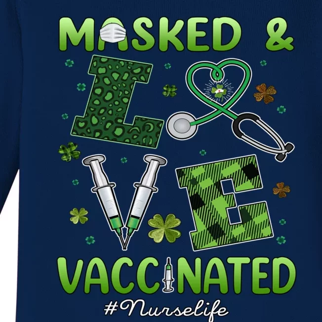 Vaccinated Masked St Patrick's Day Nurse Life Healthcare Gift Baby Long Sleeve Bodysuit