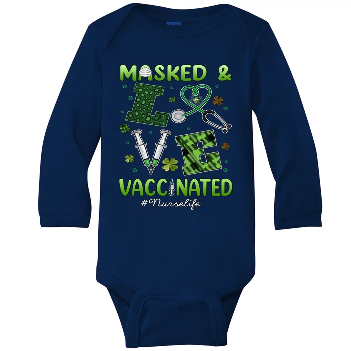 Vaccinated Masked St Patrick's Day Nurse Life Healthcare Gift Baby Long Sleeve Bodysuit