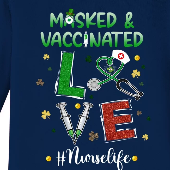 Vaccinated Masked St Patrick's Day Nurse Life Healthcare Gift Baby Long Sleeve Bodysuit