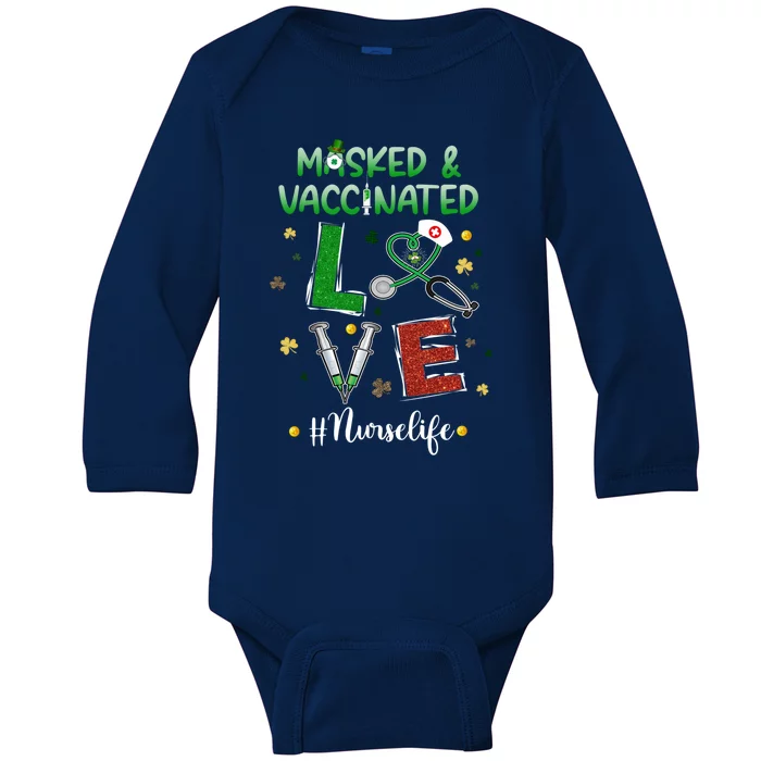 Vaccinated Masked St Patrick's Day Nurse Life Healthcare Gift Baby Long Sleeve Bodysuit