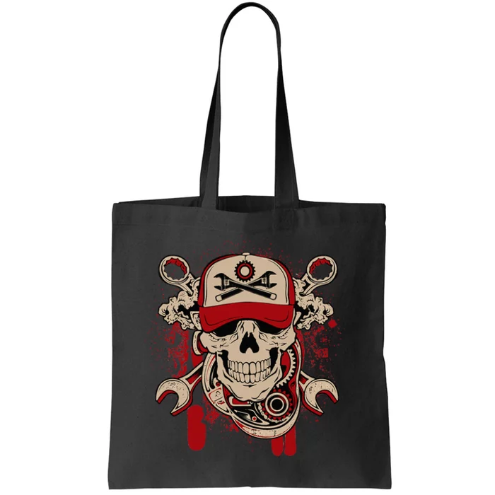 Vintage Mechanic Skull and Wrench Graphic Tote Bag