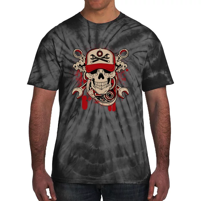 Vintage Mechanic Skull and Wrench Graphic Tie-Dye T-Shirt