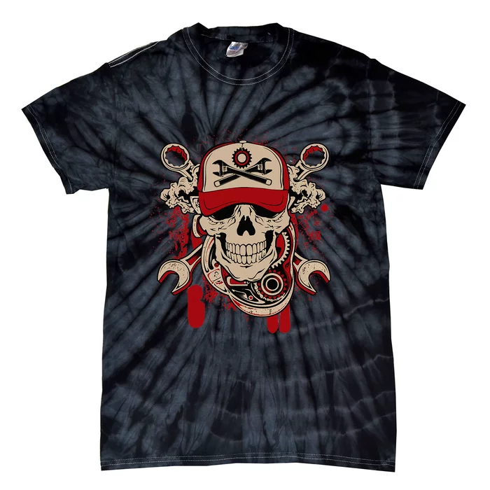 Vintage Mechanic Skull and Wrench Graphic Tie-Dye T-Shirt