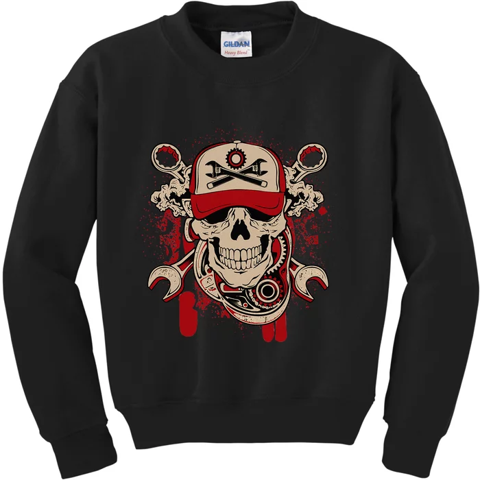 Vintage Mechanic Skull and Wrench Graphic Kids Sweatshirt