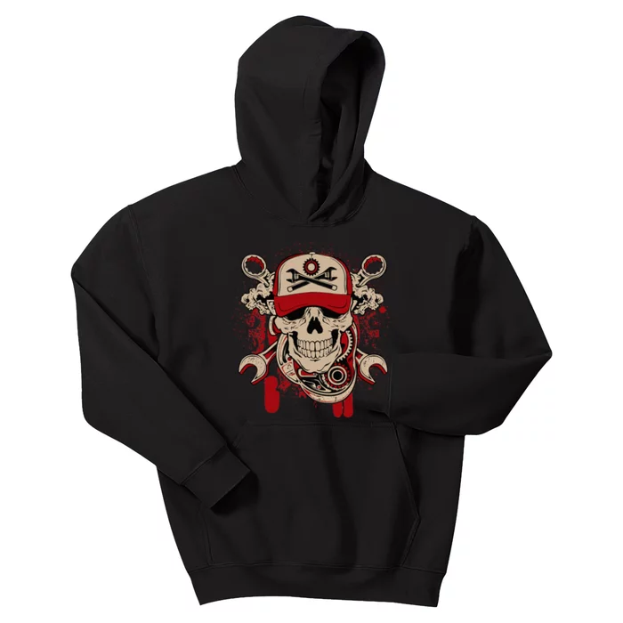 Vintage Mechanic Skull and Wrench Graphic Kids Hoodie