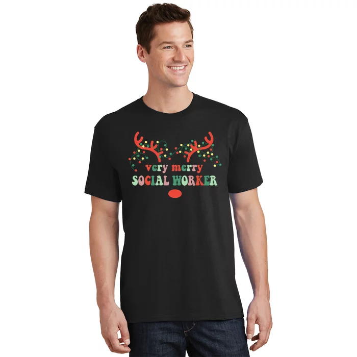 Very Merry Social Worker Reindeer Christmas Lights Xmas T-Shirt