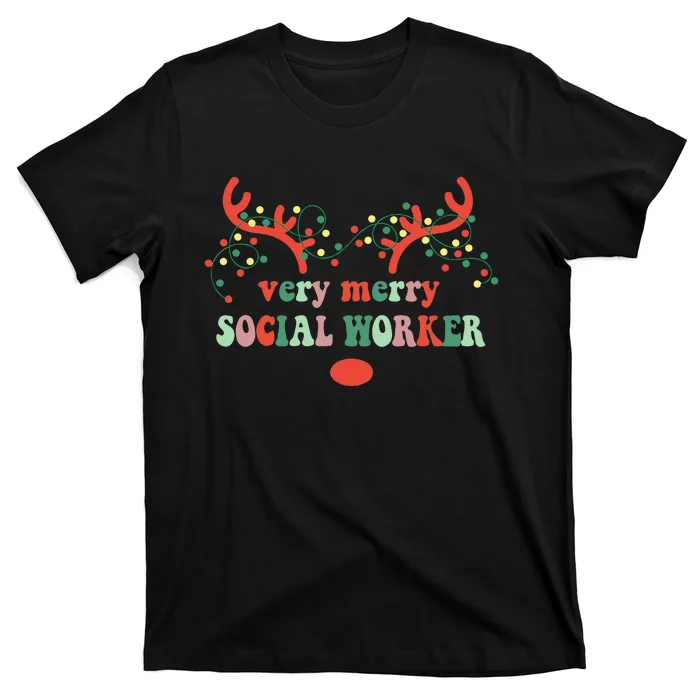 Very Merry Social Worker Reindeer Christmas Lights Xmas T-Shirt