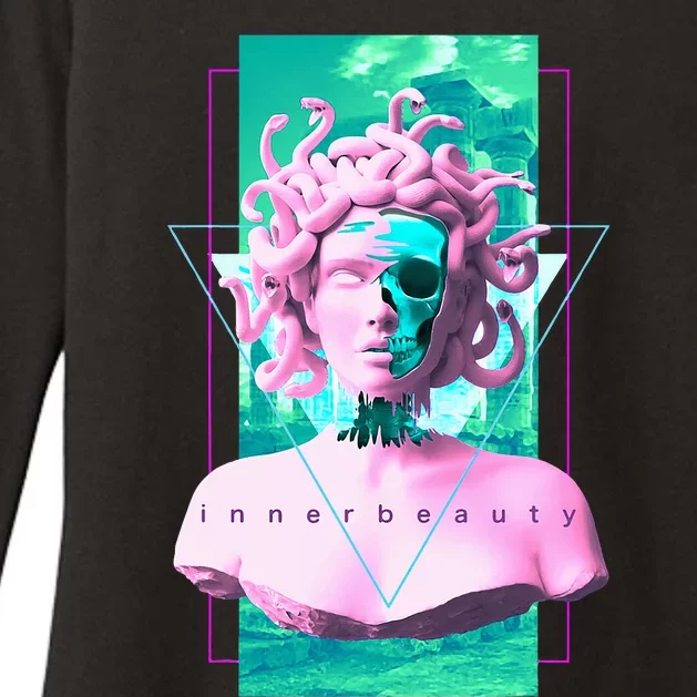 Vaporwave Medusa Statue with Skull Aesthetic Art Retro Womens CVC Long Sleeve Shirt