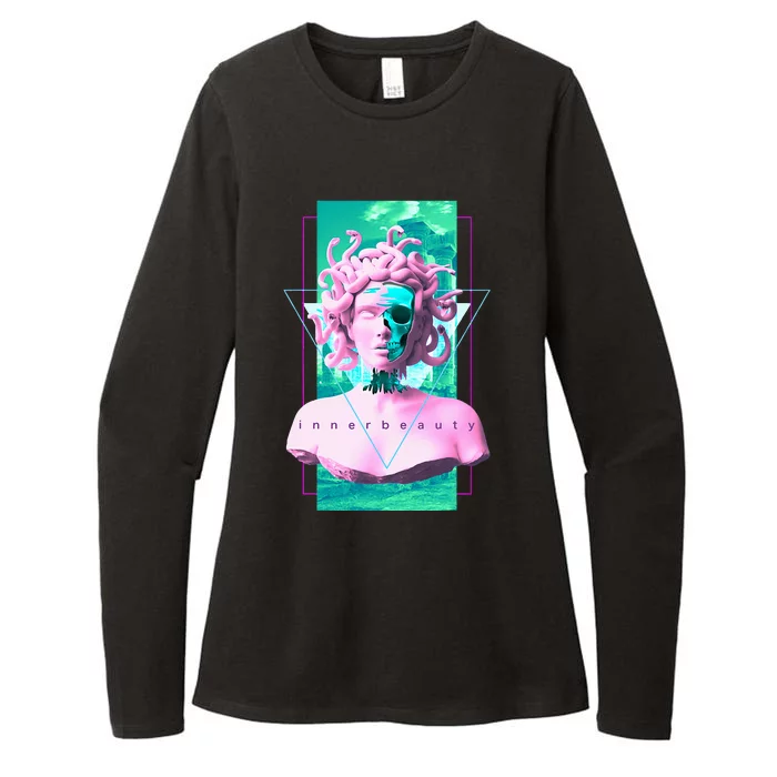 Vaporwave Medusa Statue with Skull Aesthetic Art Retro Womens CVC Long Sleeve Shirt