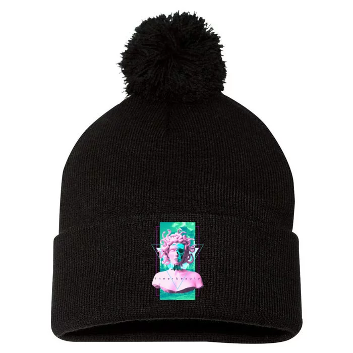 Vaporwave Medusa Statue with Skull Aesthetic Art Retro Pom Pom 12in Knit Beanie