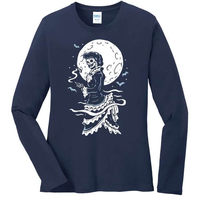 Victorian Moon Skeleton Horror Ladies Long Sleeve Shirt