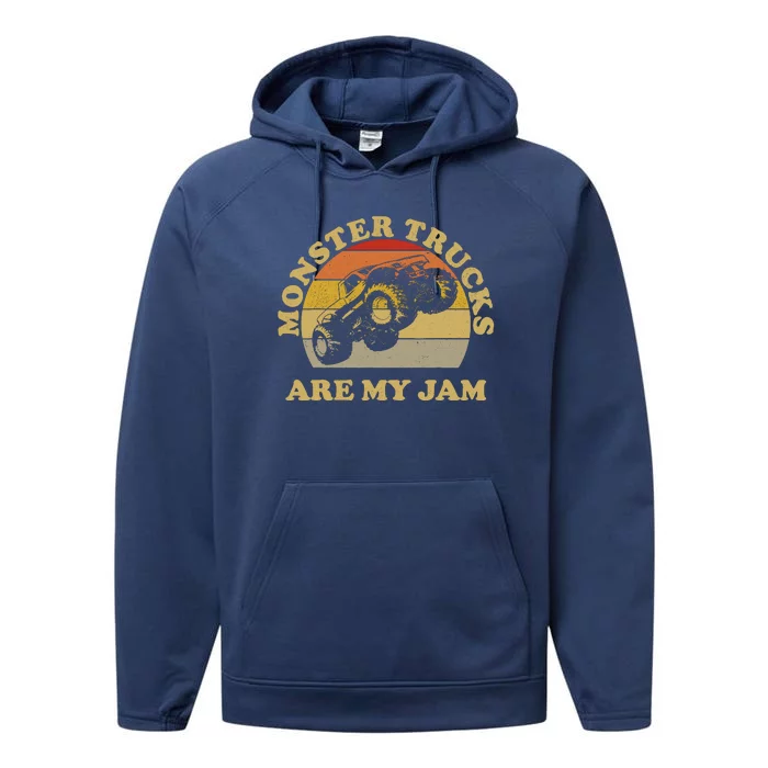 Vintage Monster Trucks Are My Jam Retro Sunset Design Performance Fleece Hoodie