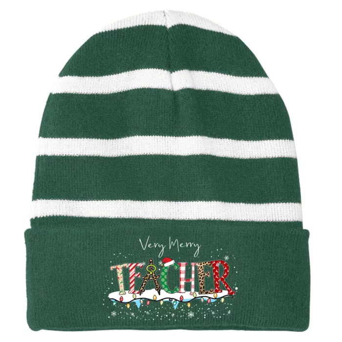 Very Merry Teacher Holiday Christmas Striped Beanie with Solid Band