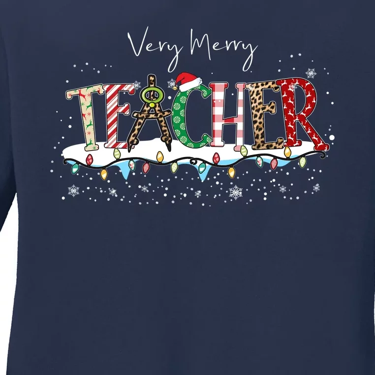 Very Merry Teacher Holiday Christmas Ladies Long Sleeve Shirt