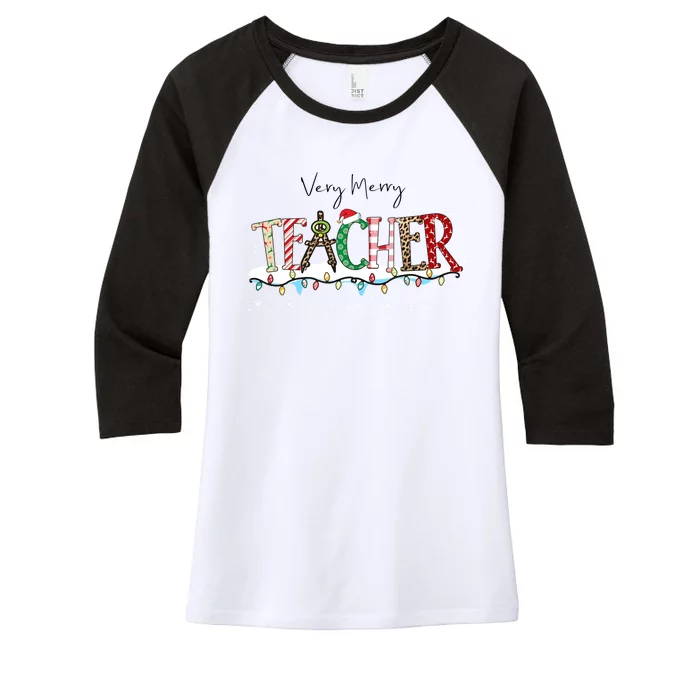 Very Merry Teacher Holiday Christmas Women's Tri-Blend 3/4-Sleeve Raglan Shirt