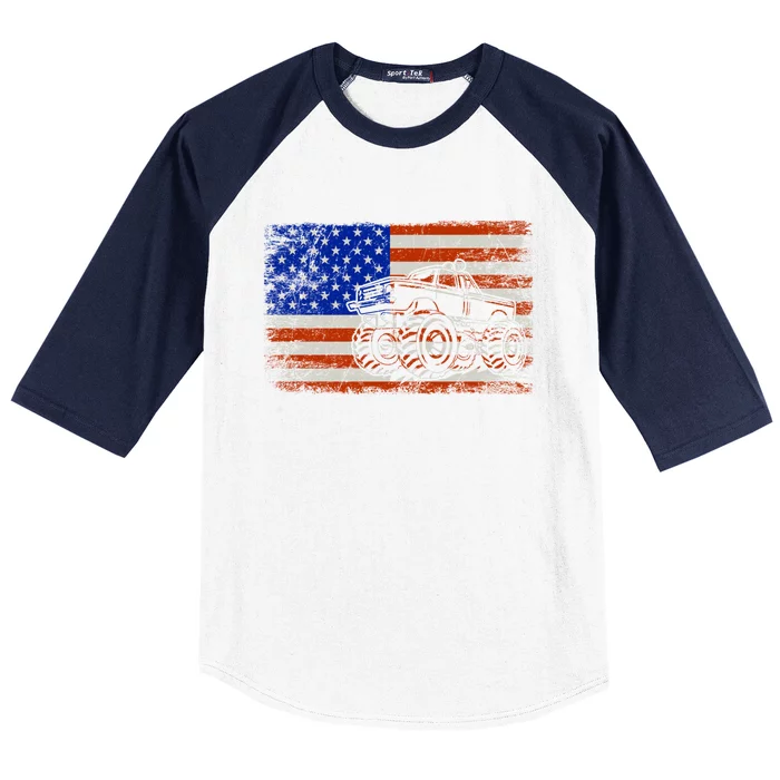 Vintage Monster Truck Lovers American Flag Funny Gift Baseball Sleeve Shirt