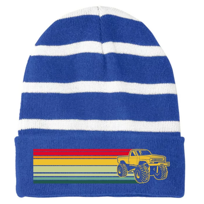 Vintage Monster Truck Retro Offroad Vehicles Motorsport 4x4 Cool Gift Striped Beanie with Solid Band