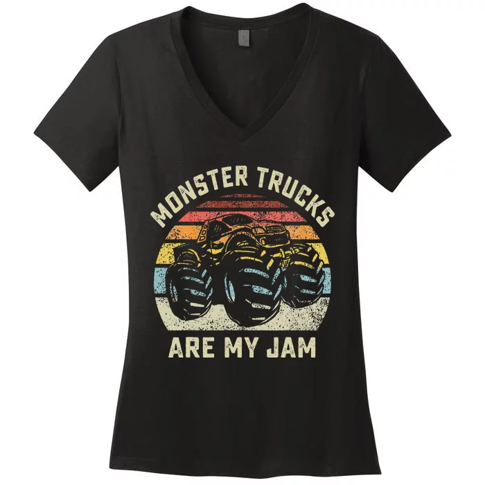 Vintage Monster Truck Retro Style Monster Trucks Are My Jam Women's V-Neck T-Shirt