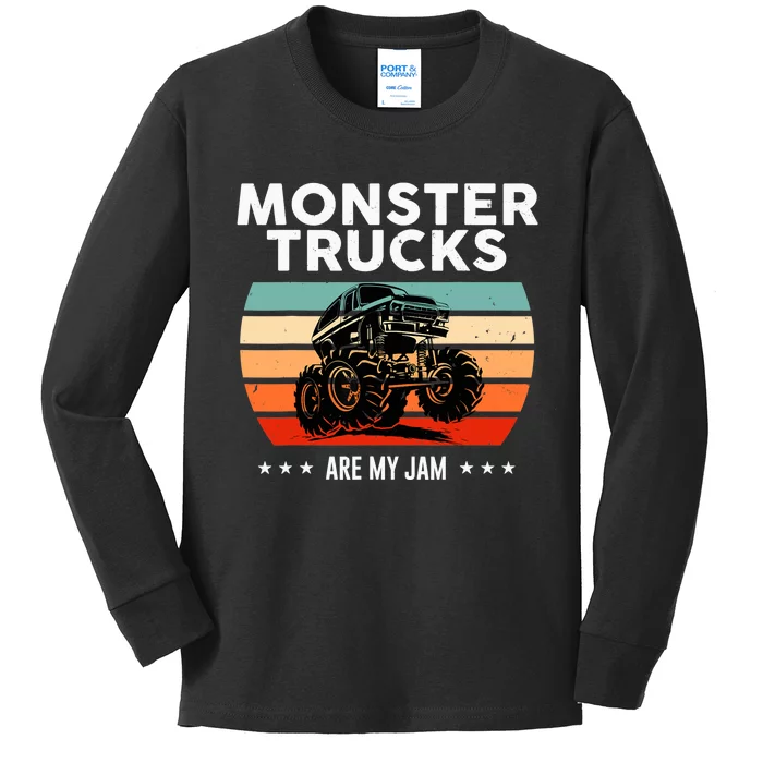 Vintage Monster Truck Are My Jam Retro Sunset Cool Engines Kids Long Sleeve Shirt