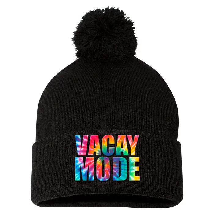 Vacay Mode Tie Dye Colorful Vacation Pom Pom 12in Knit Beanie