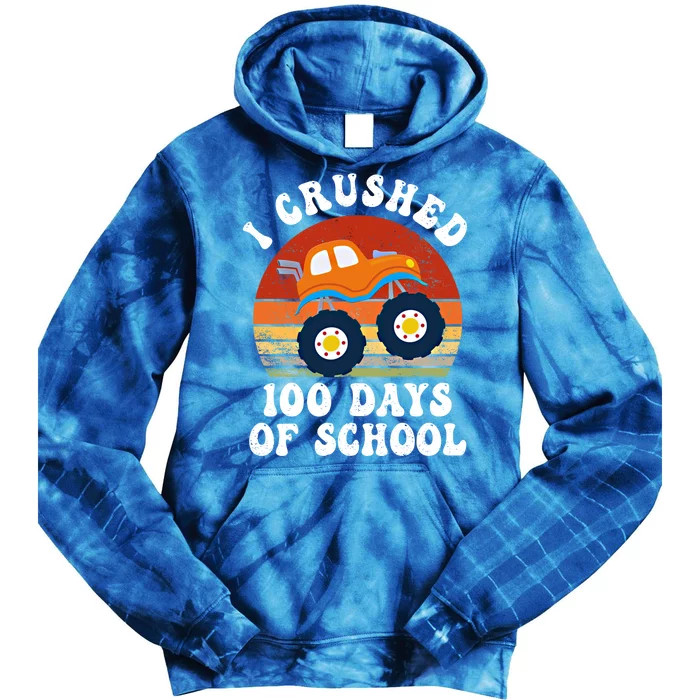 Vintage Monter Truck I Crushed 100 Days Of School Teacher Cute Gift Tie Dye Hoodie