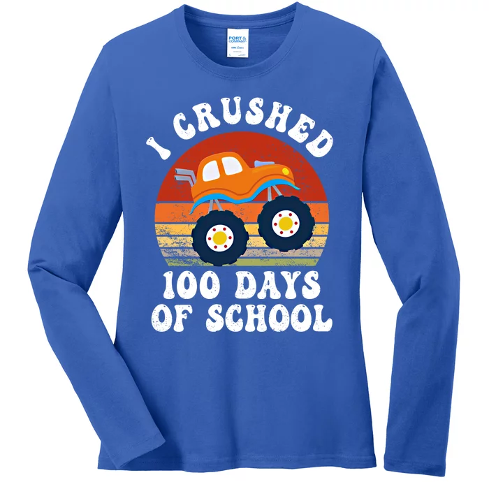 Vintage Monter Truck I Crushed 100 Days Of School Teacher Cute Gift Ladies Long Sleeve Shirt