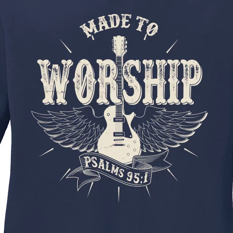 Vintage Made To Worship Psalms 95 1 Winged Rock Electric Guitar Ladies Long Sleeve Shirt