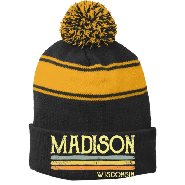 Vintage Madison Wisconsin Wi Love Gift Souvenir Stripe Pom Pom Beanie