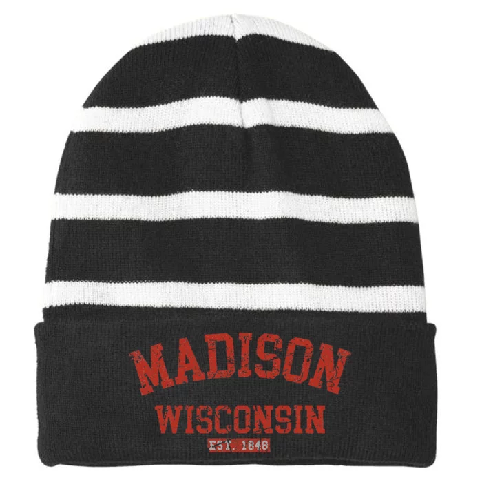 Vintage Madison Wisconsin State Wi Athletic Sports Striped Beanie with Solid Band