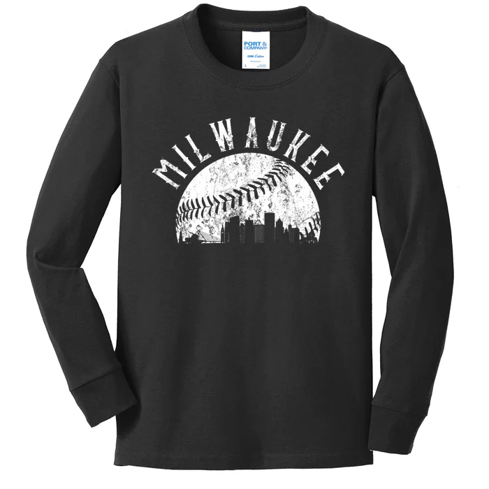 Vintage Milwaukee Wisconsin Skyline Apparel Kids Long Sleeve Shirt