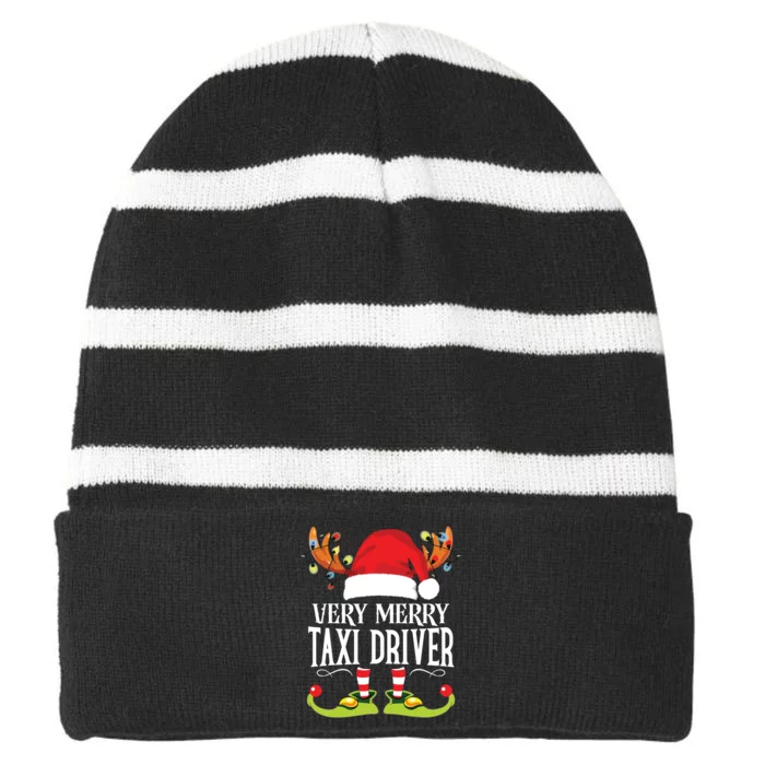 Very Merry Xmas Taxi Driver Matching Christmas Striped Beanie with Solid Band