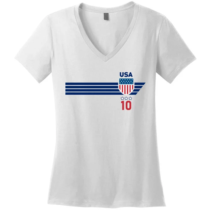 Vintage Number 10 USA Soccer American Flag Football Jersey Women's V-Neck T-Shirt