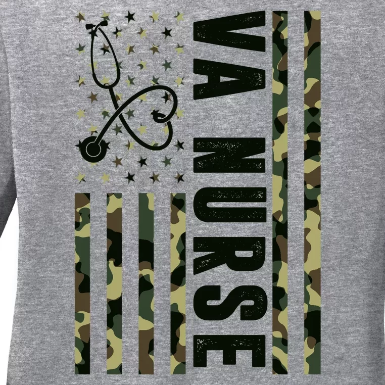 VA Nurse Army USA Flag Ladies Long Sleeve Shirt