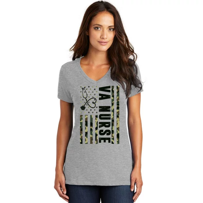 VA Nurse Army USA Flag Women's V-Neck T-Shirt