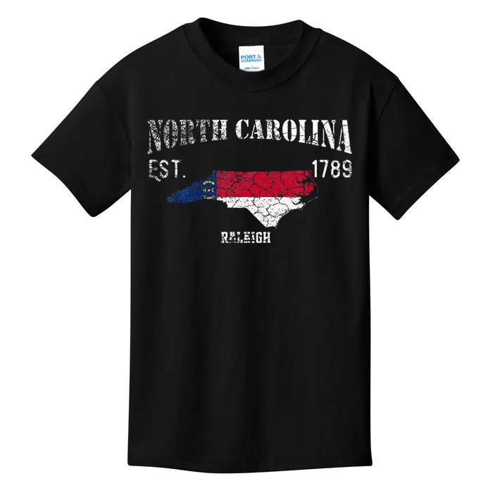 Vintage North Carolina Us State Flag And Map Raleigh Kids T-Shirt