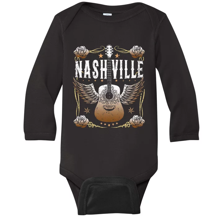 Vintage Nashville Country Music City Guitar Player Baby Long Sleeve Bodysuit