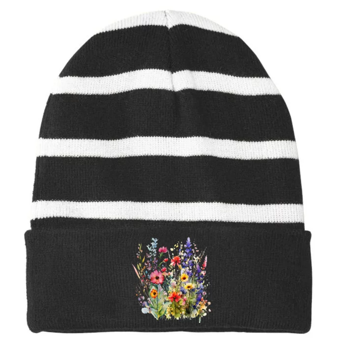 Vintage Nature Lover Botanical Floral Aesthetic Wildflowers Striped Beanie with Solid Band