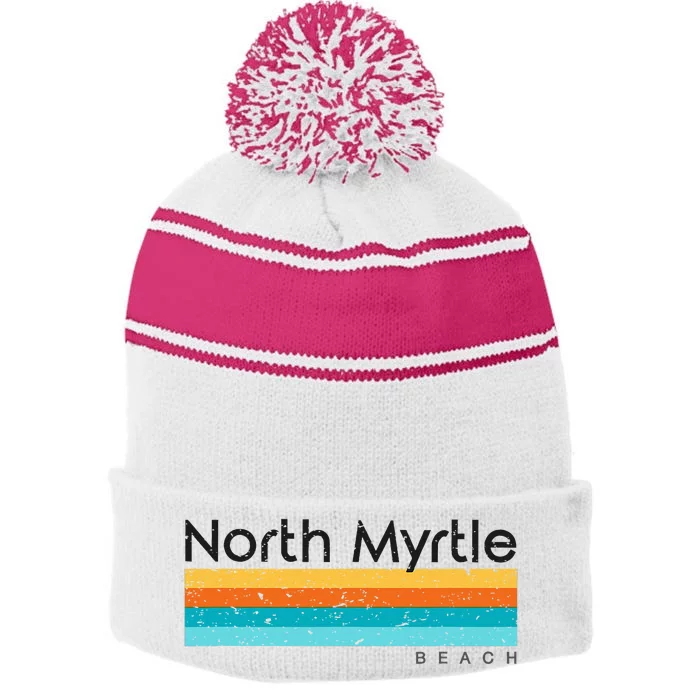 Vintage North Myrtle Beach Sc South Carolina Retro Design Stripe Pom Pom Beanie