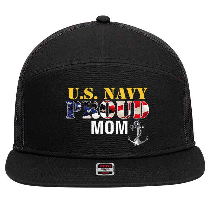 Vintage Navy Proud Mom With U.S. American Flag Gift 7 Panel Mesh Trucker Snapback Hat