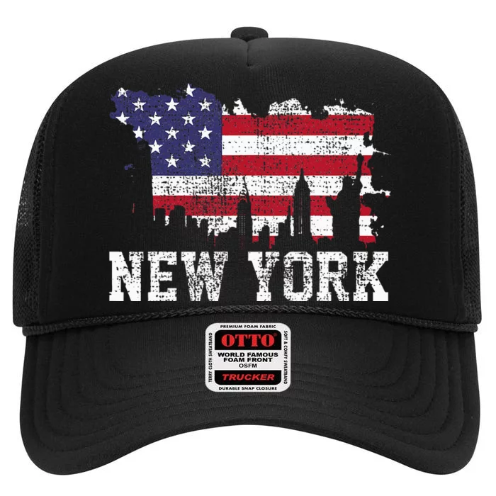 Vintage New York City Nyc Skyline Usa Flag America High Crown Mesh Trucker Hat