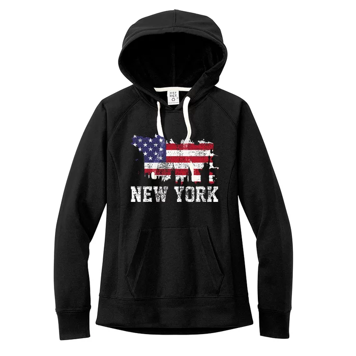 Vintage New York City Nyc Skyline Usa Flag America Women's Fleece Hoodie