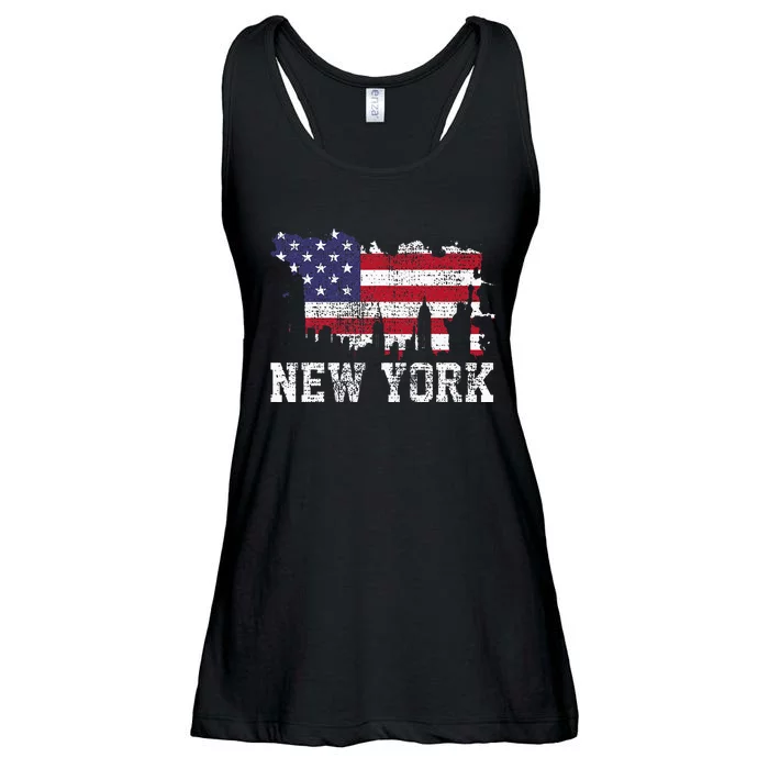 Vintage New York City Nyc Skyline Usa Flag America Ladies Essential Flowy Tank