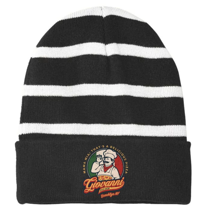 Vintage New York Pizza Retro 70s Giovanni Brooklyn Ny Striped Beanie with Solid Band