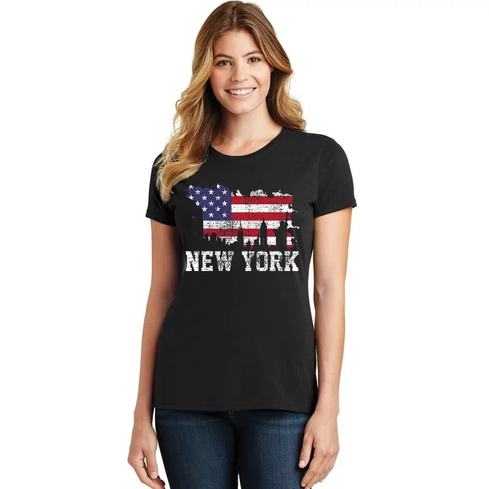 Vintage New York City NYC Skyline USA Flag Women's T-Shirt