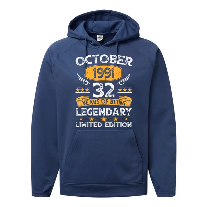 Vintage October 1991 32 Years Old Gifts 32nd Birthdays Performance Fleece Hoodie